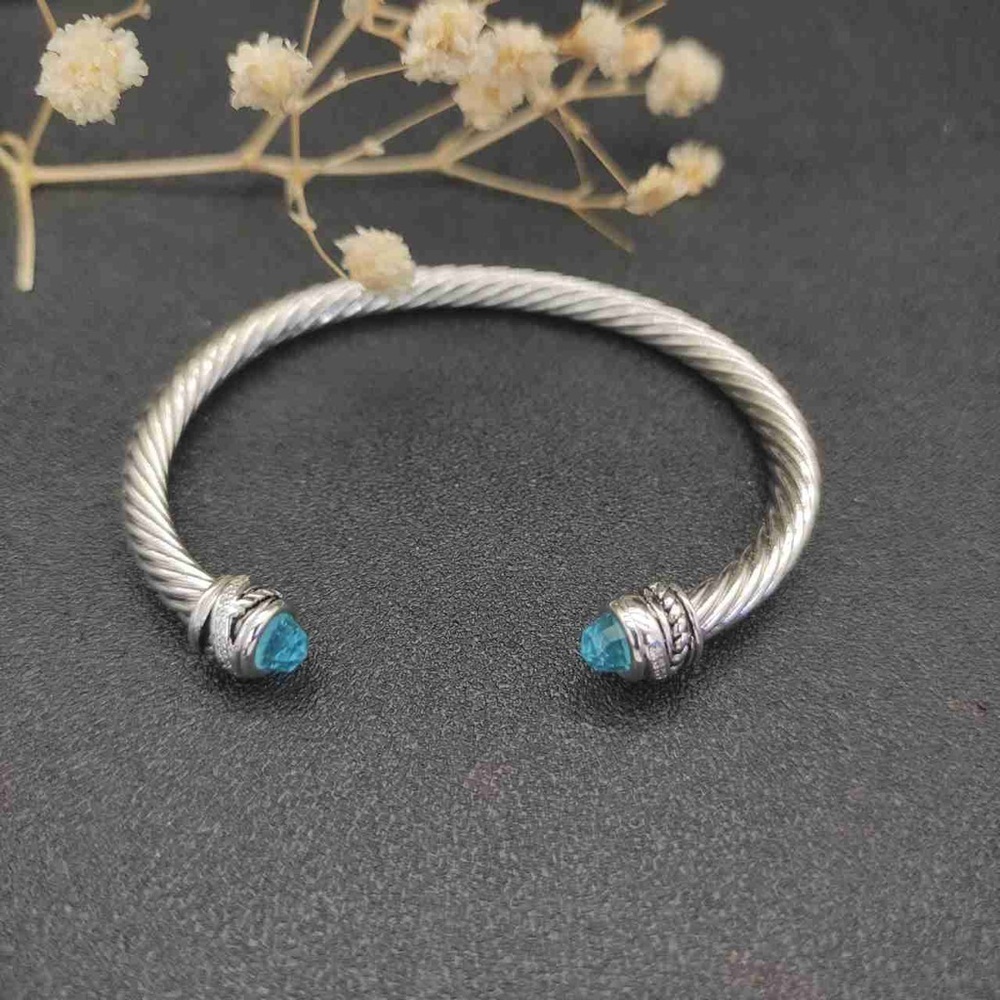 David Yurman 5mm Sterling Silver Cable Cuff Bracelet with Blue Topaz & Diamonds - Picture 5 of 7